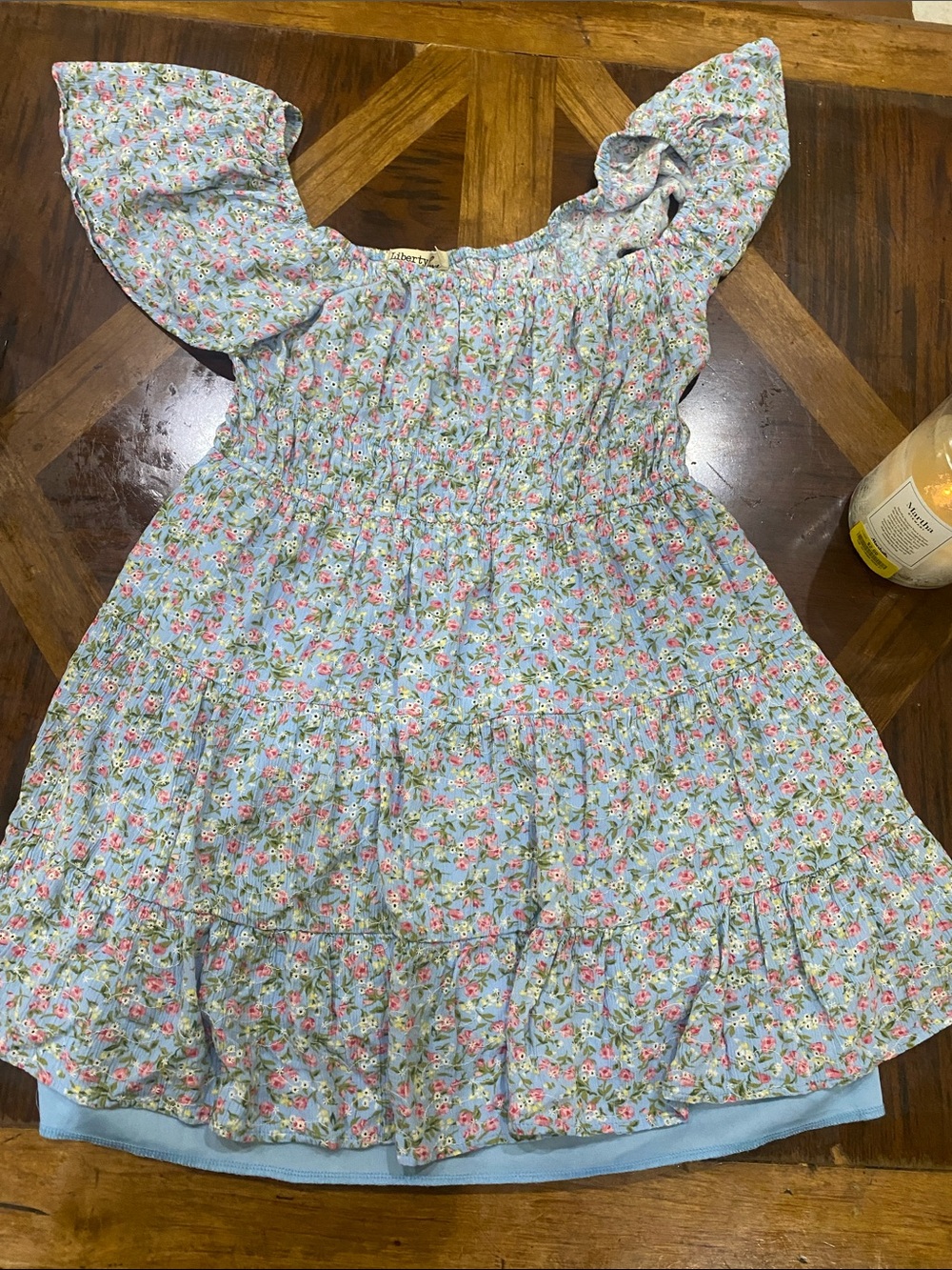 Liberty Love Blue Floral Smocked Mini Dress with Pink Accents
